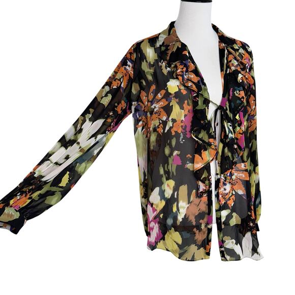 Cabi Multicolor Floral Cascade Ruffle and Tie Front Semi Sheer Top/Tunic-Medium - Picture 2 of 10